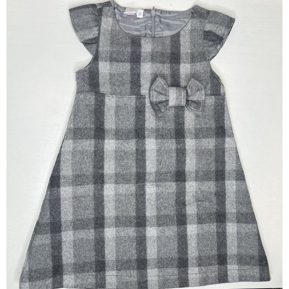 Girls Ido By Miniconf Plaid Wool Blend Dress Grey Plaid Bow 4T Short Sleeve NEW